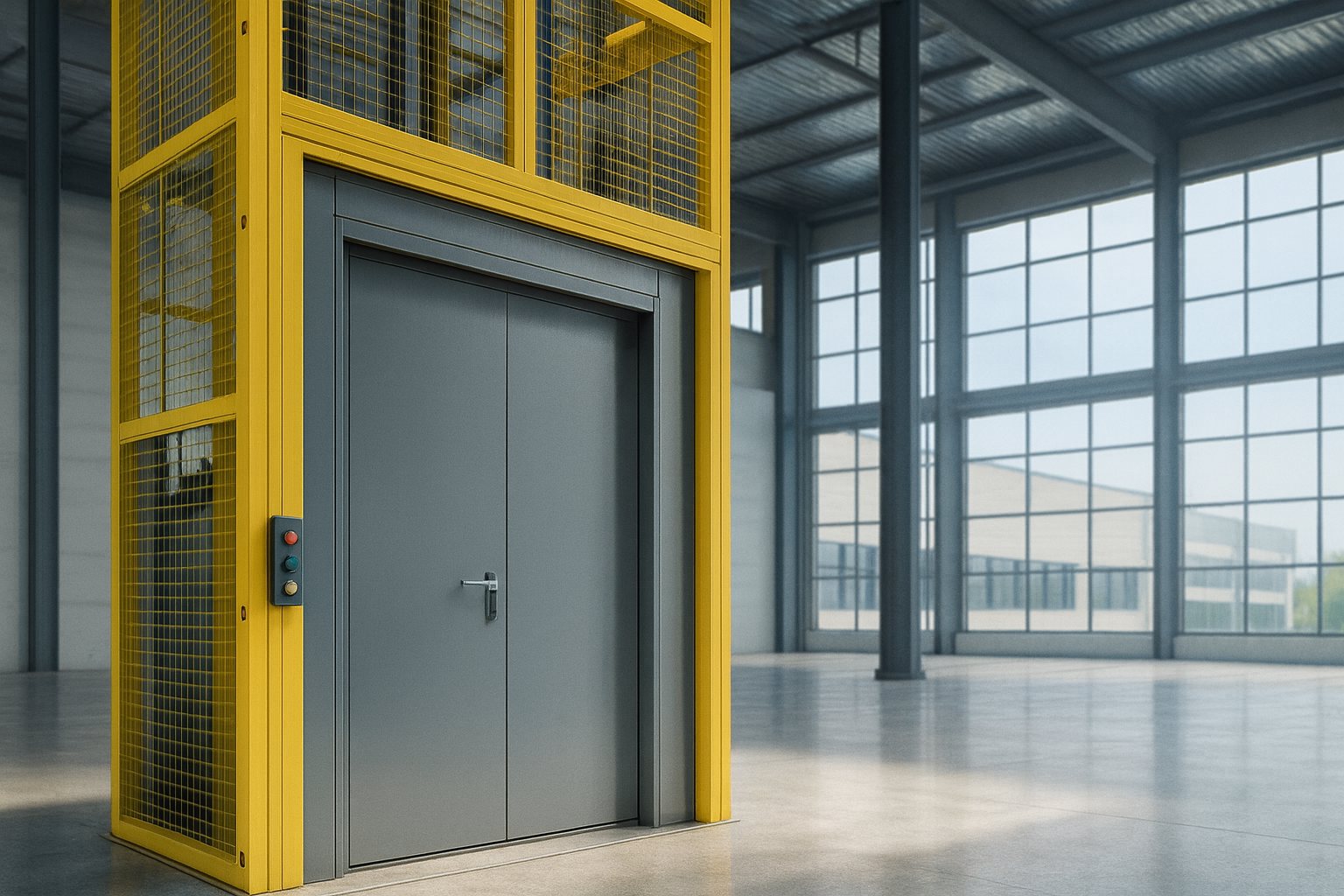 Elevador de carga industrial moderno com porta metálica em ambiente fabril