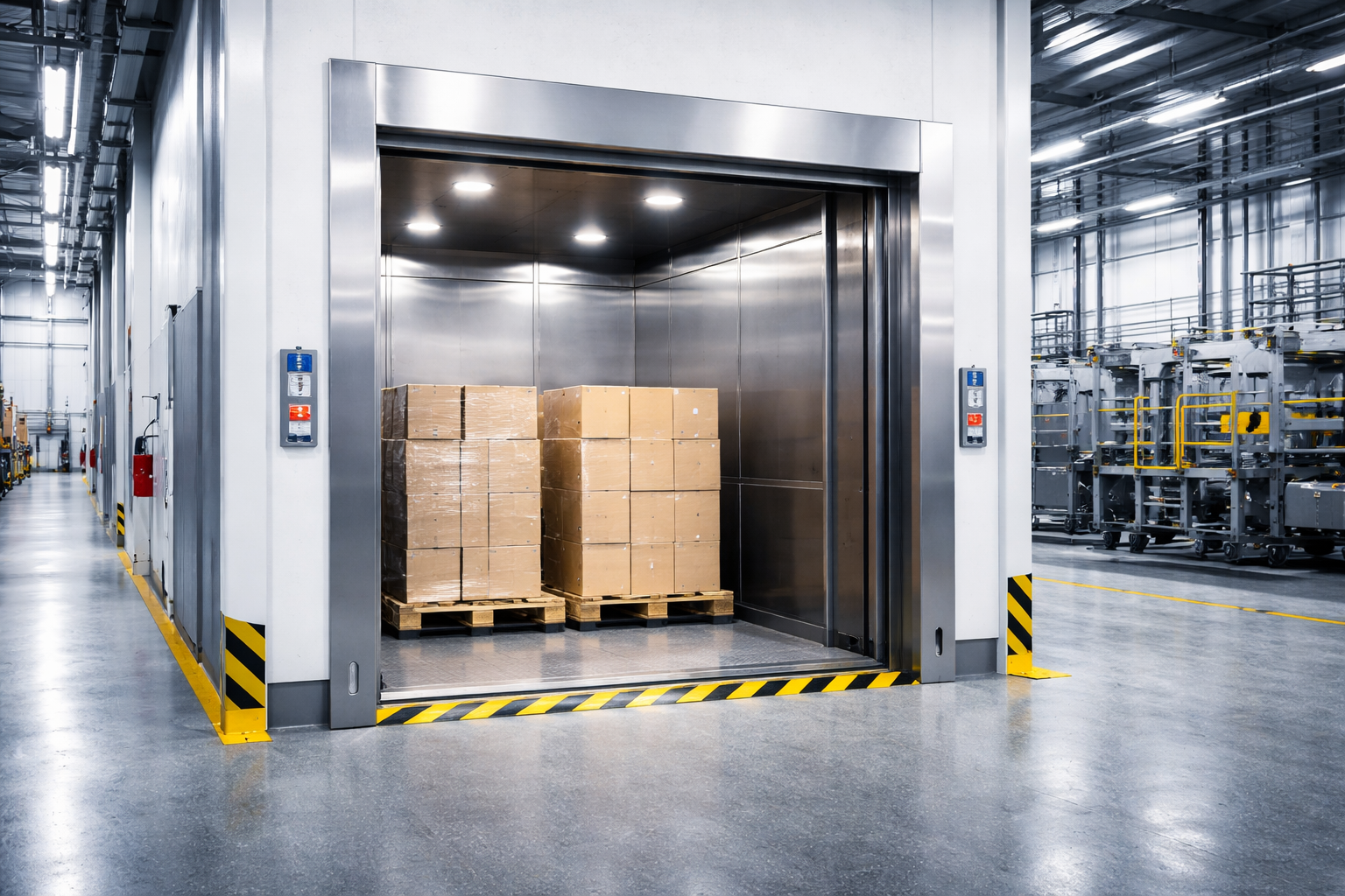 Tipos de elevador de carga industrial utilizados em fábrica para transporte de pallets com caixas